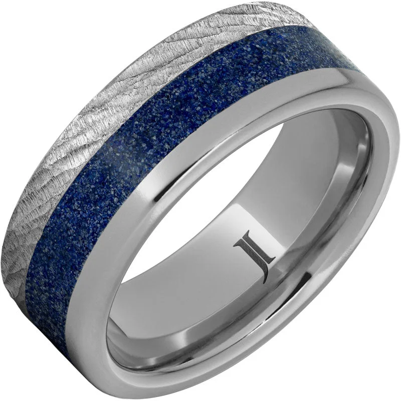 Women’s gold stackable rings-Rugged Tungsten™ Ring with Lapis Lazuli Inlay and Bark Finish