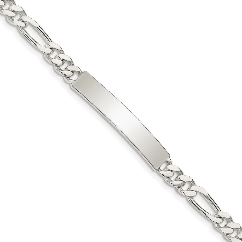 Women’s custom bracelets-Sterling Silver Polished Engraveable Figaro Link ID Bracelet-WBC-QID90-7.5