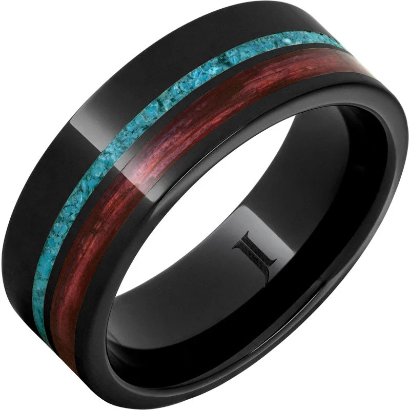 Women’s trendy engagement rings-Barrel Aged™ Black Diamond Ceramic™ Ring with Cabernet Wood and Turquoise Inlays