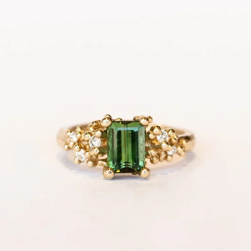 Women’s affordable solitaire engagement rings-Ruth Tomlinson | Green Tourmaline and Diamond Ring with Granules