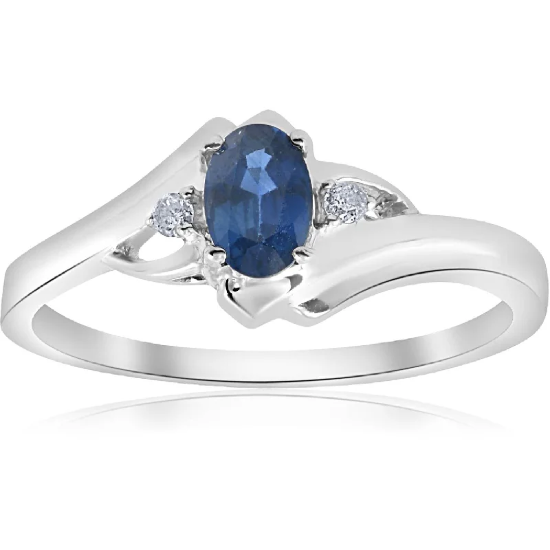 Women’s simple engagement rings-1/2ct Oval Blue Sapphire Diamond Ring 14K White Gold