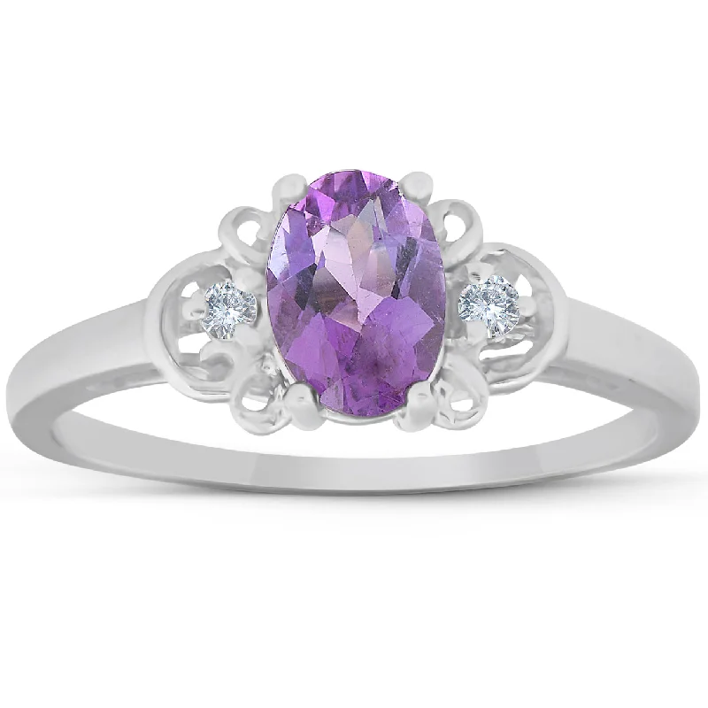 Women’s engagement rings with colored stones-1 1/4ct Oval Amethyst & Diamond Ring 14K White Gold