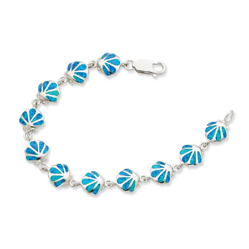 Women’s gold-plated bracelets-Sterling Silver 7in Created Blue Opal Inlay Shell Bracelet-WBC-QG3112-7