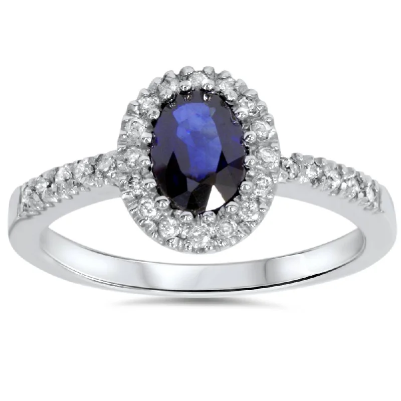 Women’s alternative gemstone engagement rings-3/4ct Oval Blue Sapphire Halo Diamond Ring 14K White Gold