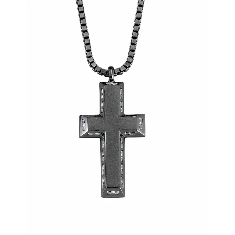 Women’s geometric necklaces-CRISLU Mens Matte Box Chain Cross Necklace with Baguette CZ In Black Rhodium