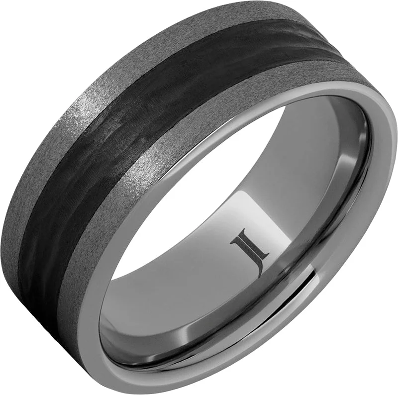 Women’s princess diamond rings-Rugged Tungsten™ Ring With Bark Carved Black Ceramic Inlay and Stone Finish