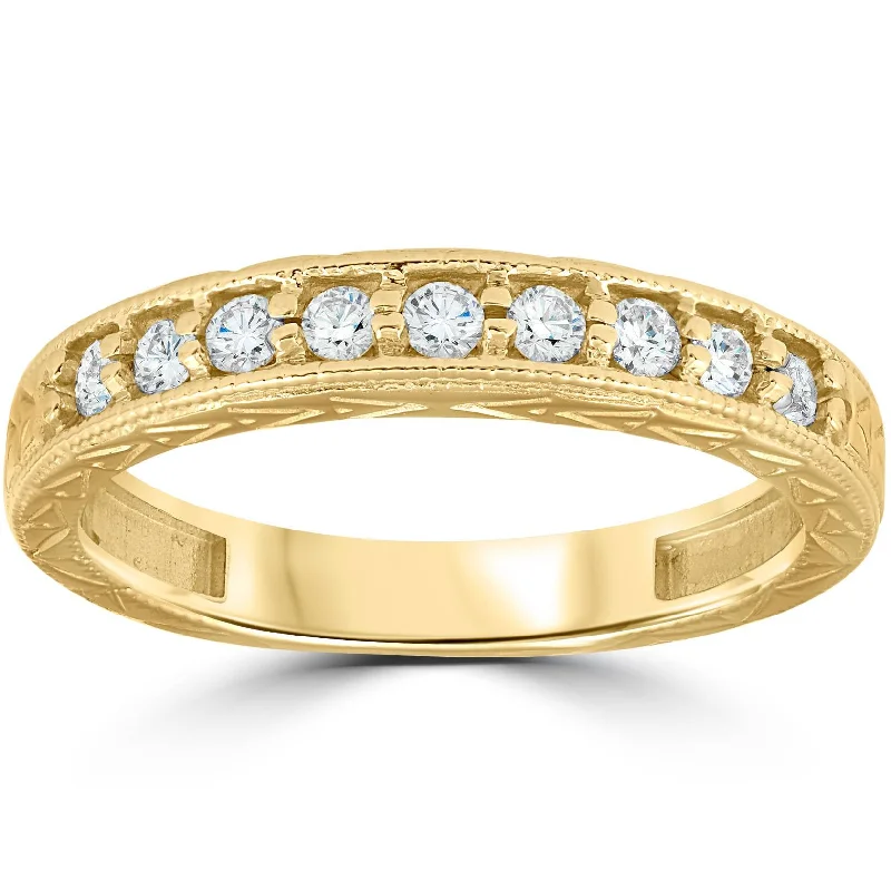 Women’s large engagement rings-1/4ct Hand Engraved 14k Yellow Gold Diamond Wedding Ring