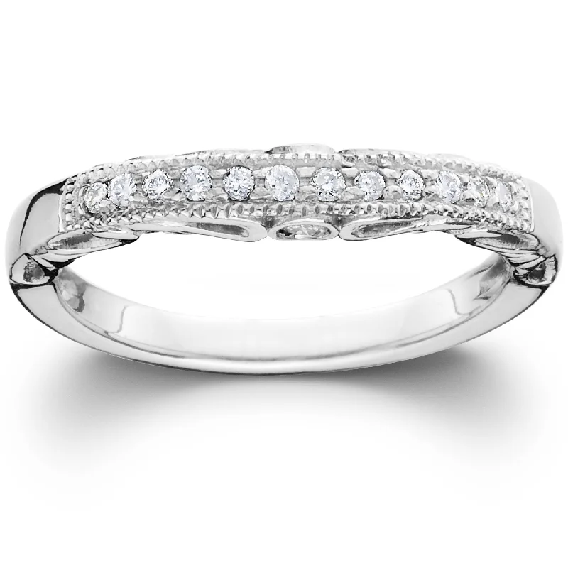 Women’s platinum engagement rings-1/5CT Vintage Diamond Curved Notched Guard Wedding Ring 14K White Gold