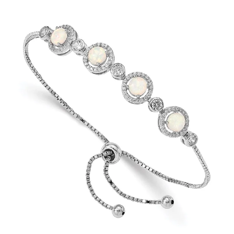 Women’s statement bracelets-Sterling Silver RH-plated Created Opal and CZ Adjustable Bracelet-WBC-QG4777