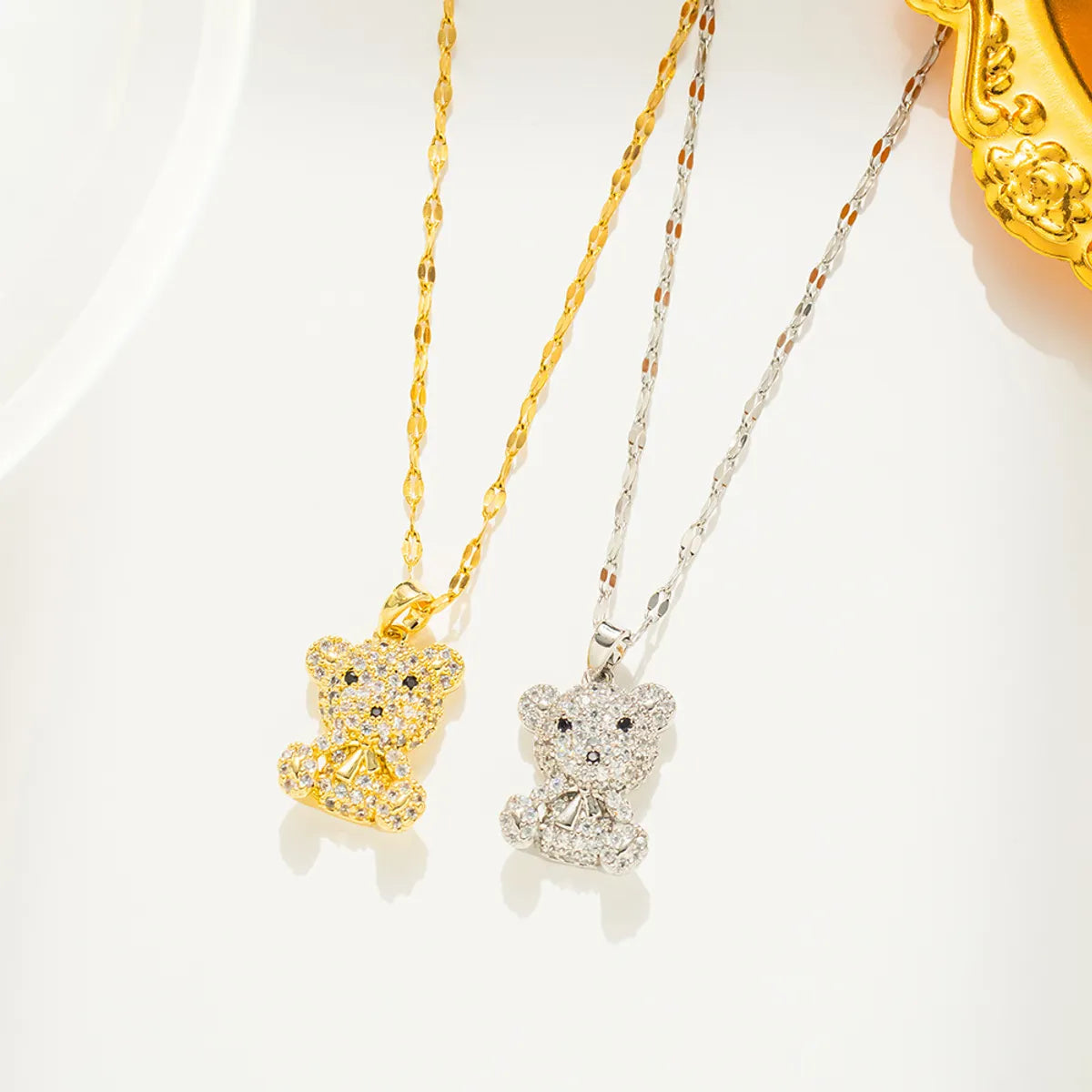 Women’s romantic necklaces-Cute Simple Style Bear Titanium Steel Inlay Zircon Pendant Necklace