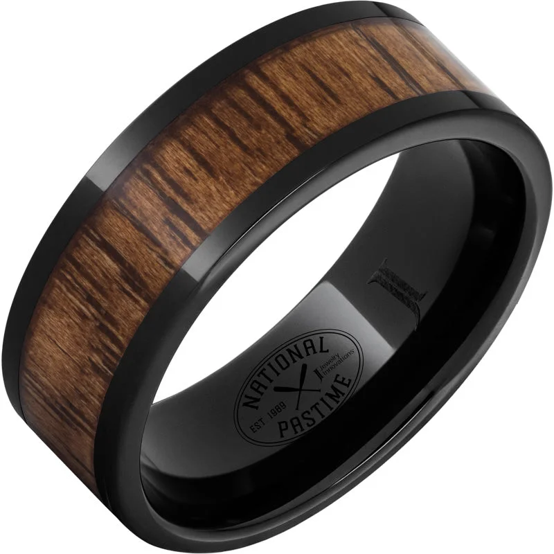 Women’s wedding bands-Black Diamond Ceramic™ Ring with Vintage Hickory Baseball Bat Wood Inlay