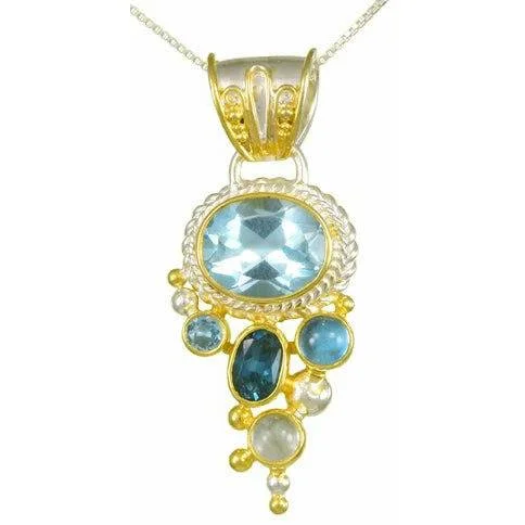 Women’s initial necklaces-Michou & Blue Topaz & Multi Gemstone Pendant- Cascade Tahoe Blue Collection