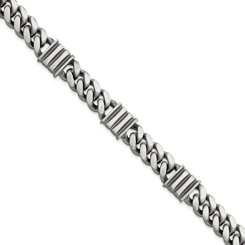 Women’s diamond tennis bracelets-Sterling Silver Mens Black Rhodium-plated Brushed Curb/Bar Bracelet-WBC-QG5742-8.5