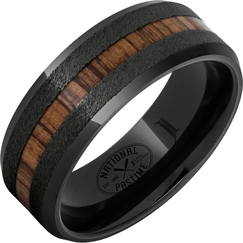 Women’s gemstone rings-Black Diamond Ceramic™ Ring with Vintage Hickory Baseball Bat Wood Inlay and Grain Finish