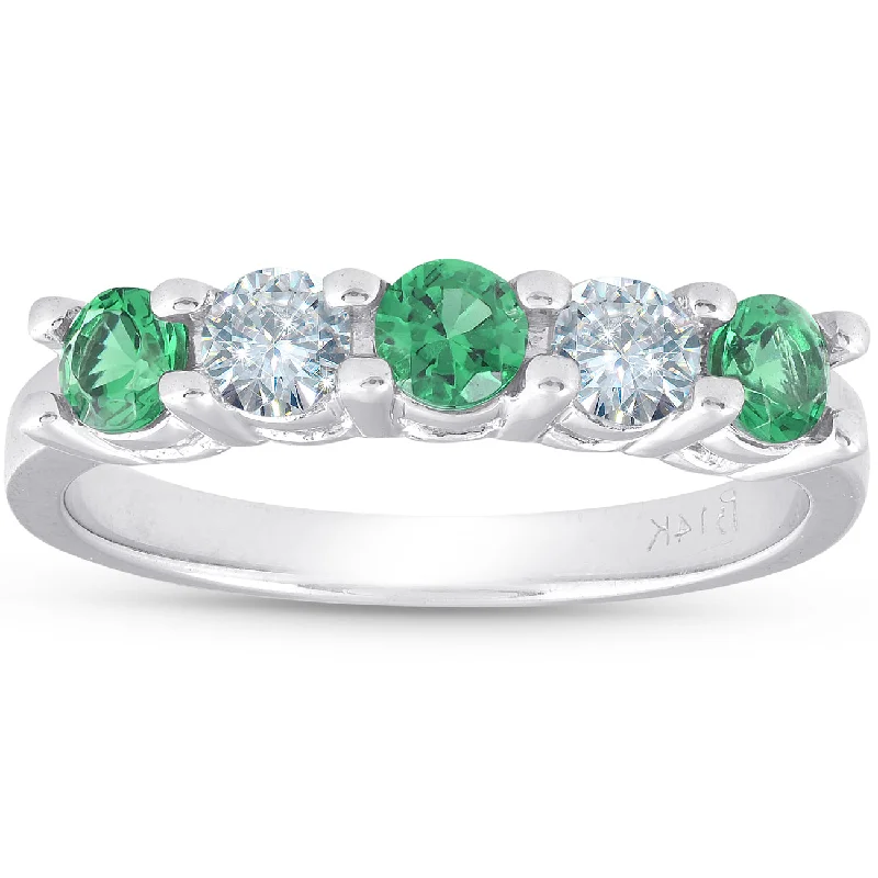 Women’s antique engagement rings-3/4ct Emerald & Diamond 5-Stone Wedding Ring 14K White Gold