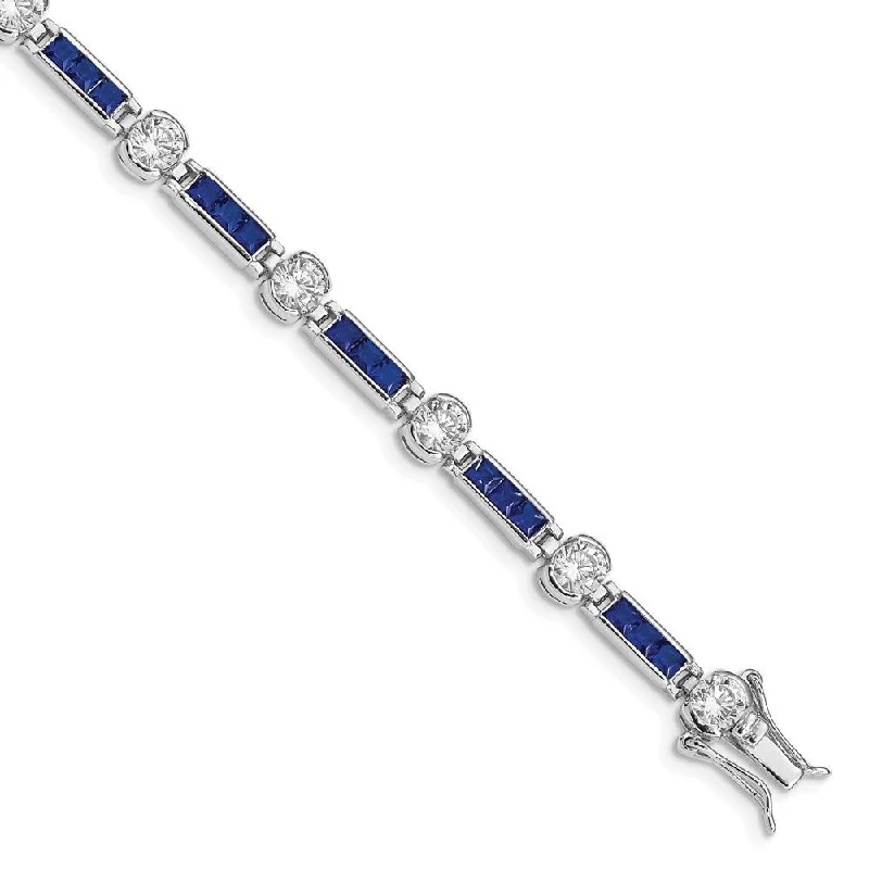 Women’s multicolor bracelets-925 Sterling Silver Rhodium-plated Blue Glass and Cubic Zirconia Bracelet, 7.25"