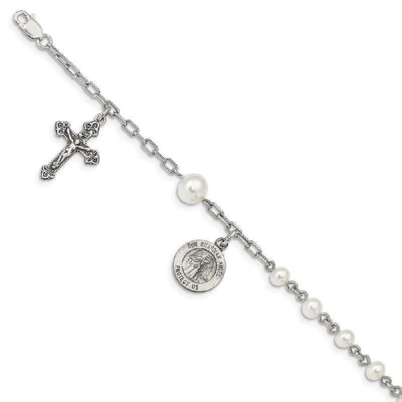 Women’s intricate bangles-Sterling Silver FW Cultured Pearl Rosary Bracelet-WBC-QH980-7