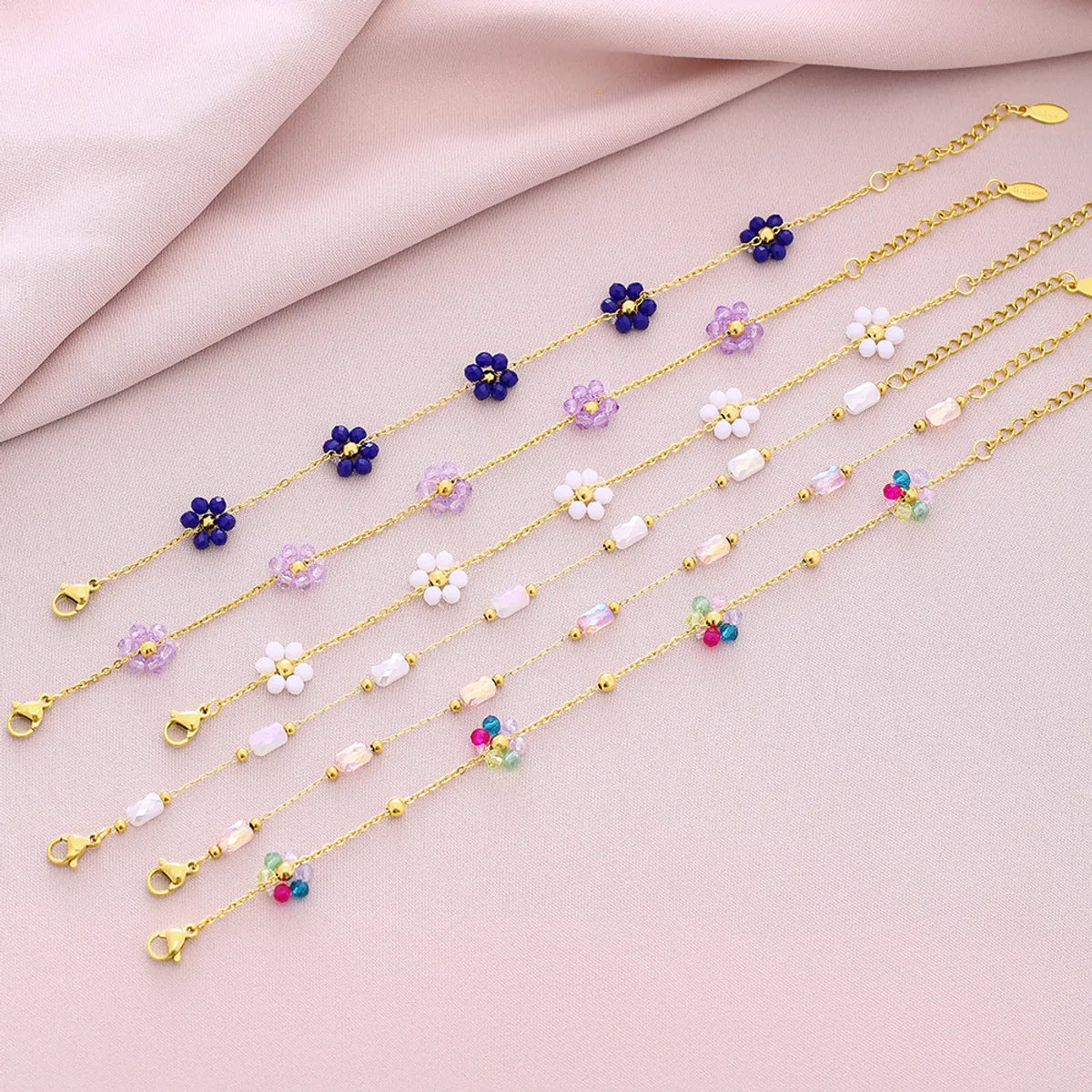 Women’s multicolor bracelets-Sweet Shiny Petal 201 Stainless Steel Artificial Crystal 18K Gold Plated Bracelets In Bulk