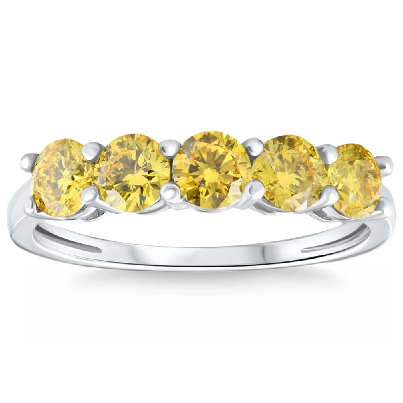 Women’s rose cut engagement rings-1Ct Fancy Yellow Diamond Five Stone Wedding Ring 14k Gold Lab Grown