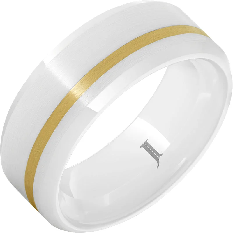 Women’s custom rings-White Ceramic Ring with 14k Gold Inlay