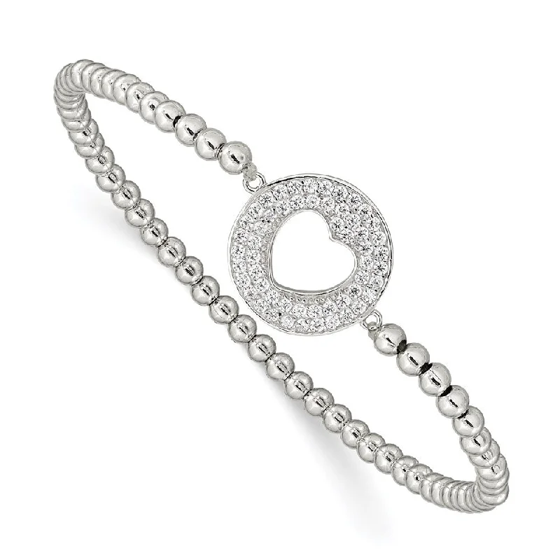 Women’s woven bracelets-925 Sterling Silver Rhodium-plated Beaded Cubic Zirconia Heart Stretch Bracelet