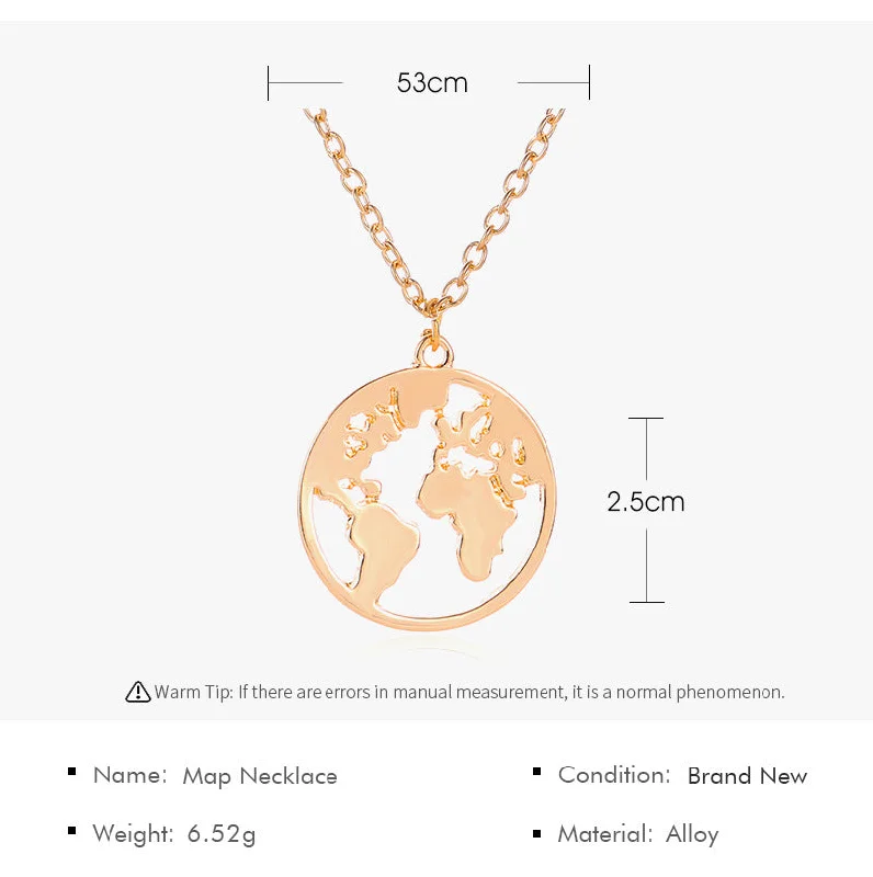 Women’s diamond necklaces-World Map Necklace Couple Pendant Fashion Simple Single Layer Necklace Clavicle Chain