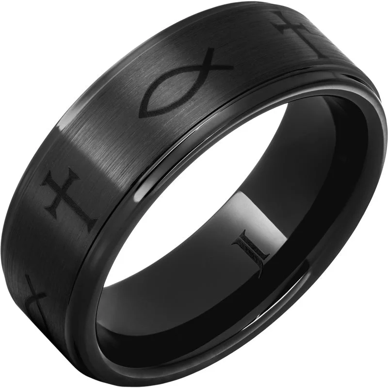 Women’s chunky rings-Ichthus – Black Diamond Ceramic™ Christian Symbol Ring