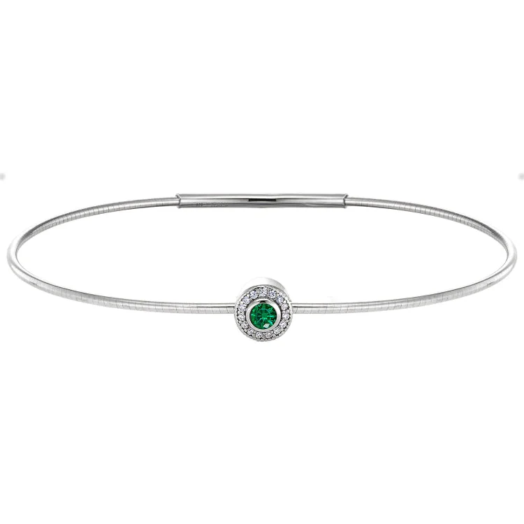 Women’s fashion bangles-Platinum Finish Sterling Silver Round Simulated Emerald Birth Gem Bracelet with Simulated Diamonds