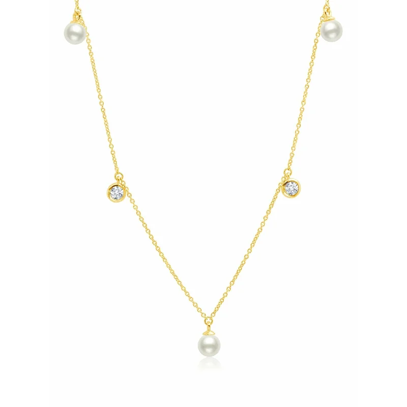 Women’s elegant necklaces-CRISLU Genuine Pearl 5 drop Necklace accented with Bezel Set  Cubic Zirconia Finished in 18k Gold