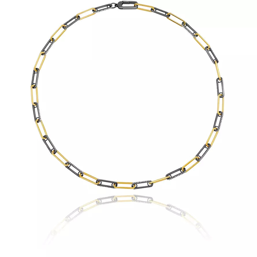 Women’s simple pearl necklaces-CRISLU Two-Tone Interlocking Pave Link Necklace Finished in Black Rhodium and 18kt Gold