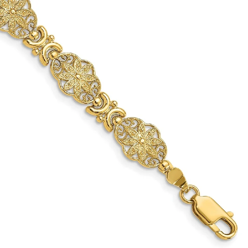 Women’s simple gold bracelets-14k Yellow Gold 9mm Fancy Floral Link Bracelet, 7.5"