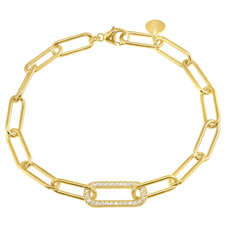 Women’s beaded bracelets-Gold Finish Sterling Silver Micropave 7.5" Paper Clip Bracelet with a Single Link with Simulated Diamonds