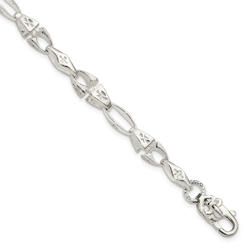 Women’s engraved bracelets-Sterling Silver Polished Cross w/Fleur de Lis Clasp Bracelet-WBC-QG5820-7.75