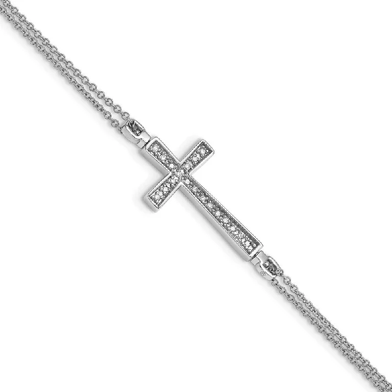 Women’s silver gemstone bracelets-Sterling Silver Rhod 0.1ct. Blk & Wht Dia. Rvsble Cross 2 Strand Bracelet-WBC-QDX1253