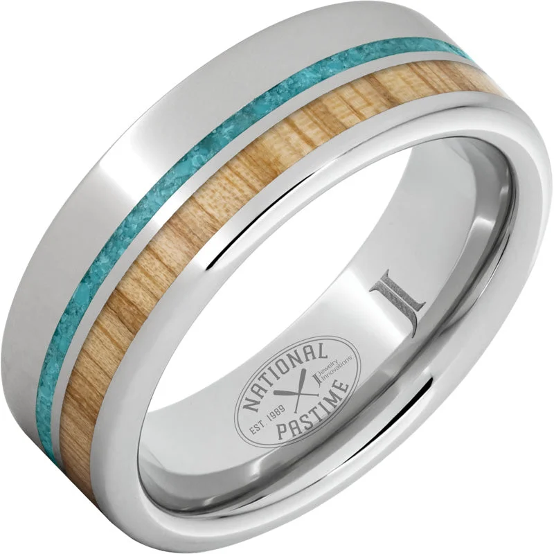 Women’s cluster rings-National Pastime Collection™ Serinium® Ring with White Ash Vintage Baseball Bat Wood and Turquoise Inlays