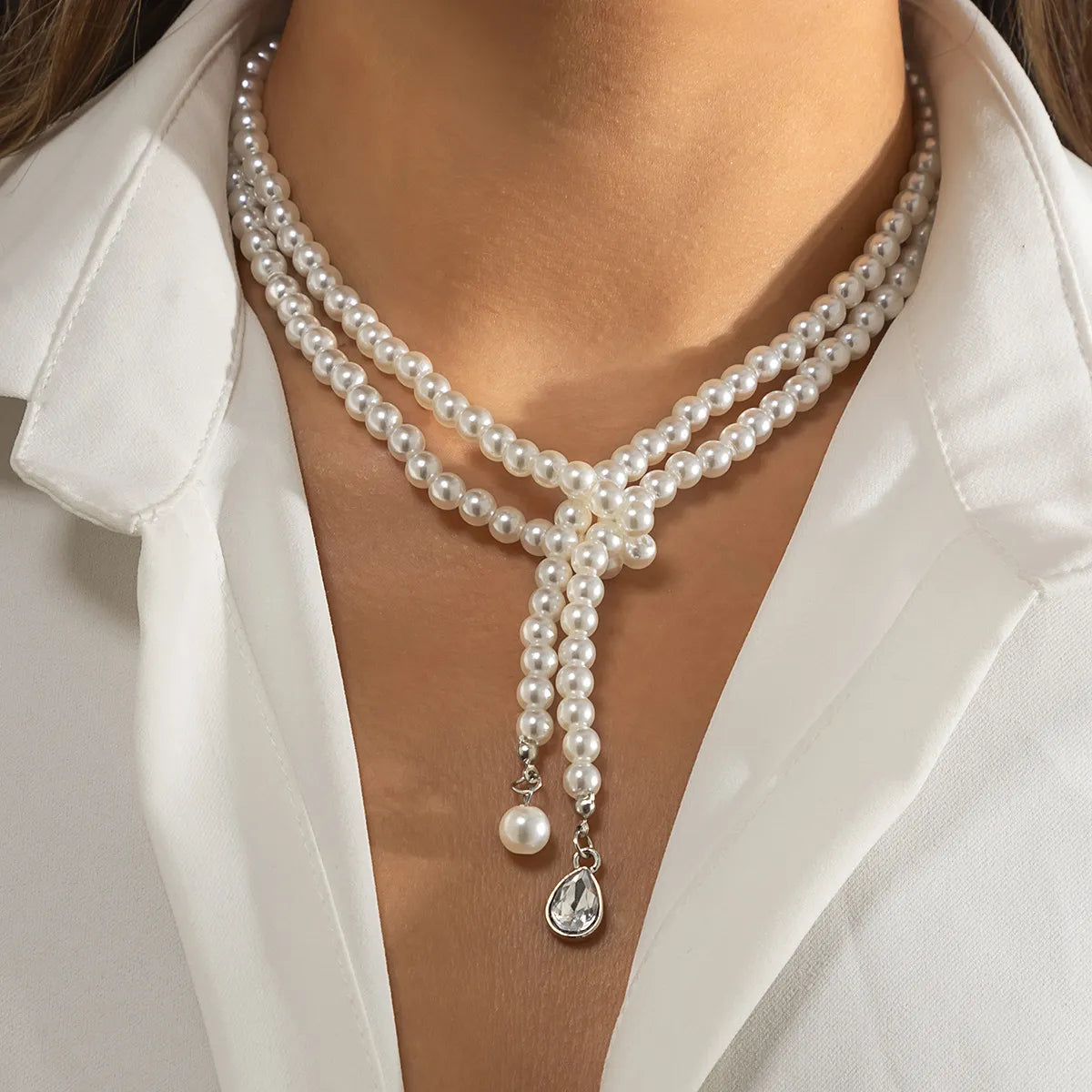 Women’s personalized charm necklaces-Jewelry Retro Imitation Pearl Drop Rhinestone Pendant Clavicle Beaded Woven Double Layer Necklace