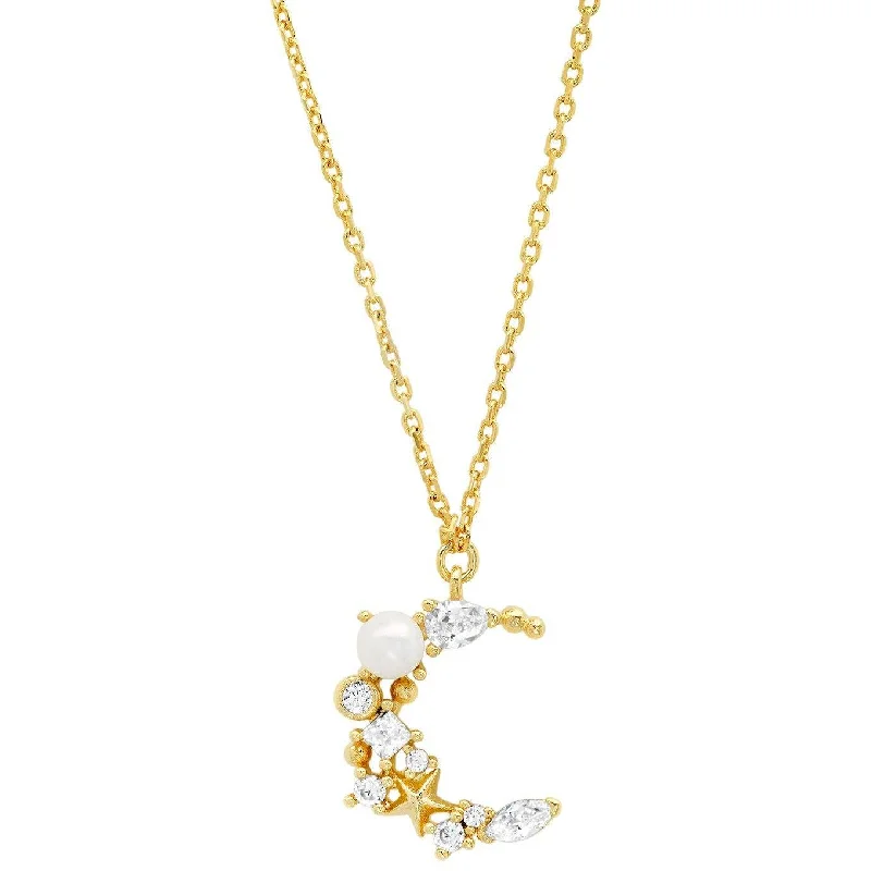 Women’s initial necklaces-TAI CRESCENT MOON PENDANT NECKLACE WITH CZ, PEARLS AND MINI STARS