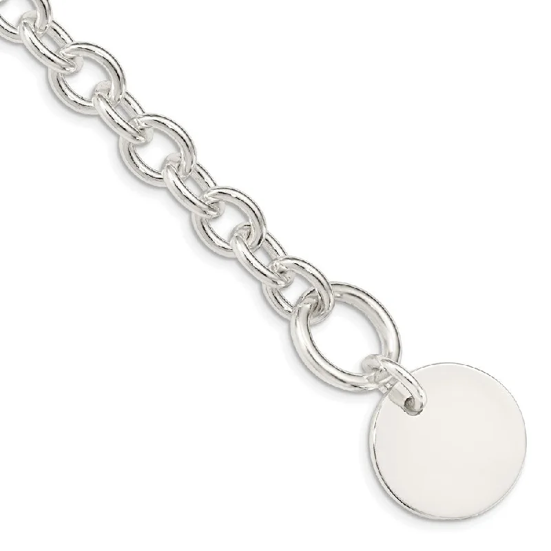 Women’s chunky bracelets-Sterling Silver Engraveable Circular Disc on Fancy Link Bracelet-WBC-QH303-7.5