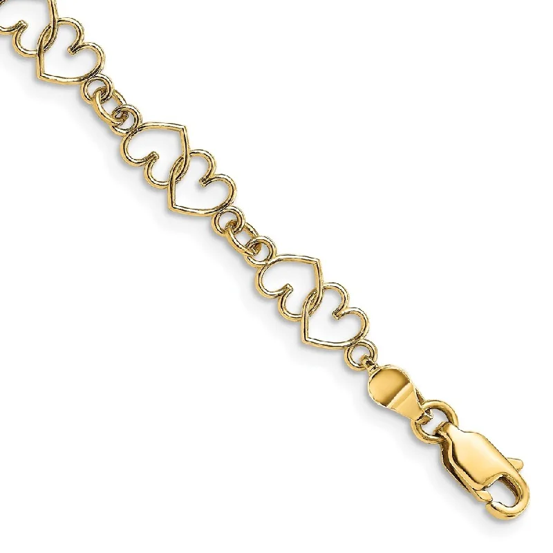 Women’s stylish bracelets-14k Yellow Gold 15.1mm Cut-Out and Polished Double Heart Link Bracelet, 7"