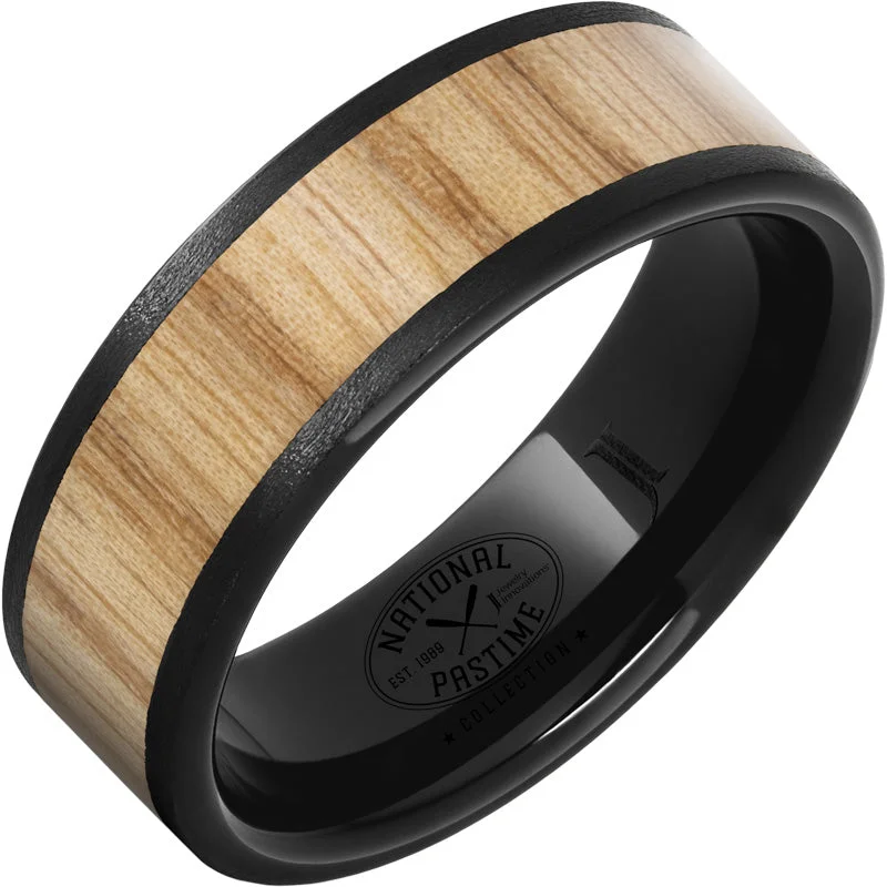 Women’s diamond solitaire rings-Black Diamond Ceramic™ Ring with White Ash Vintage Baseball Bat Wood Inlay and Stone Finish