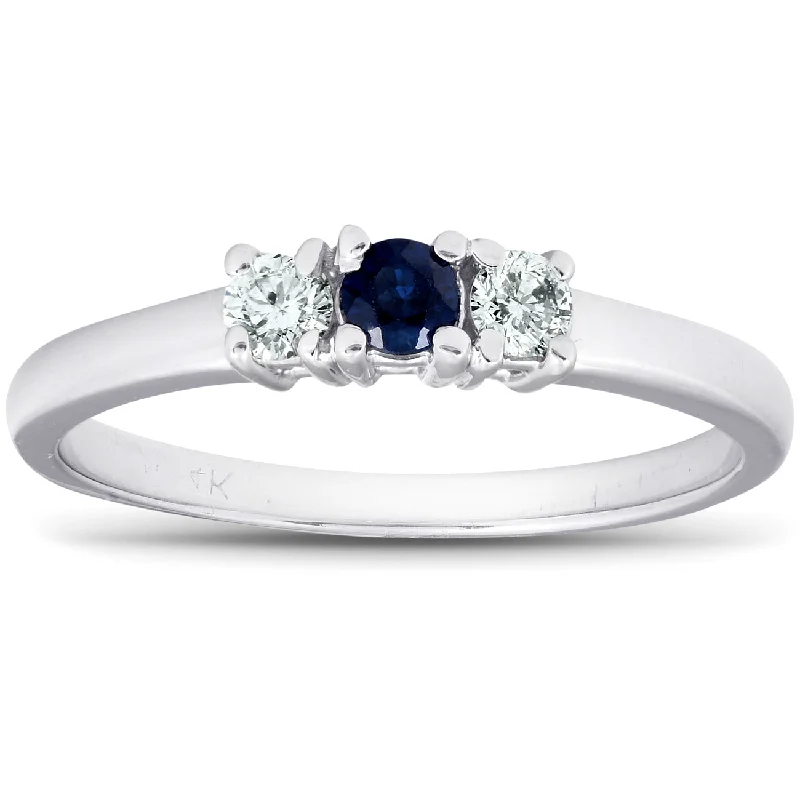 Women’s eco-friendly engagement rings-1/4ct 3 Stone Blue Sapphire Diamond Ring 14k White Gold