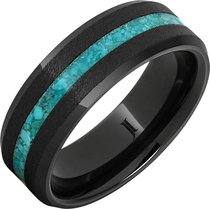 Women’s statement gemstone rings-Black Diamond Ceramic™ Ring with Turquoise Inlay and Grain Finish