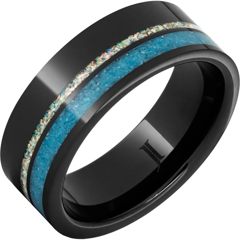 Women’s custom rings-Black Diamond Ceramic™ Ring with Crushed Opal and Turquoise Inlays