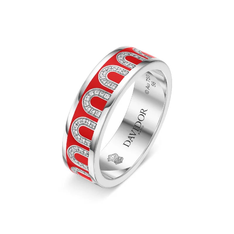 Women’s cocktail party rings-L'Arc de DAVIDOR Ring MM, 18k White Gold with Fraise Lacquered Ceramic and Arcade Diamonds