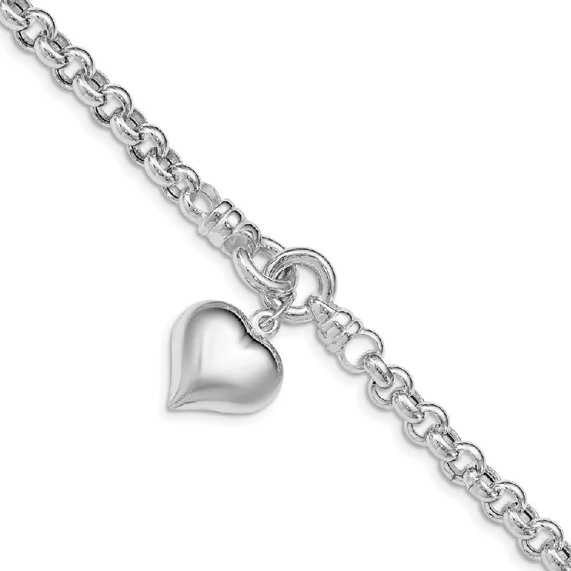 Women’s leather bracelets-Sterling Silver Polished Rolo w/ Dangle Heart Charm Bracelet-WBC-QG4952-8