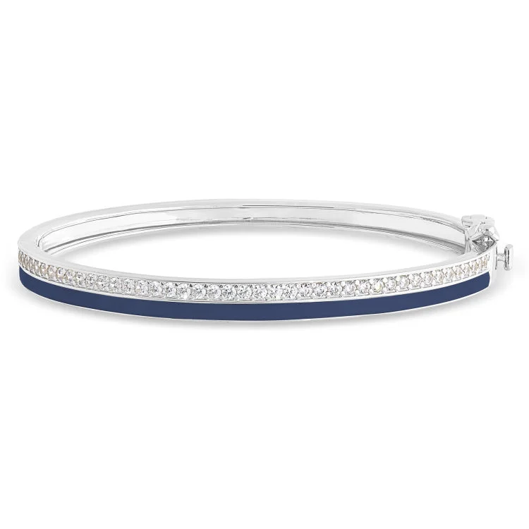 Women’s birthstone bracelets-Platinum Finish Sterling Silver Micropave Hinged Bangle Bracelet with with Navy Enamel and Simulated Diamonds