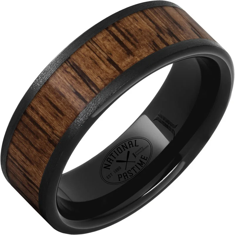 Women’s thin band rings-Black Diamond Ceramic™ Ring with Hickory Vintage Baseball Bat Wood Inlay and Stone Finish