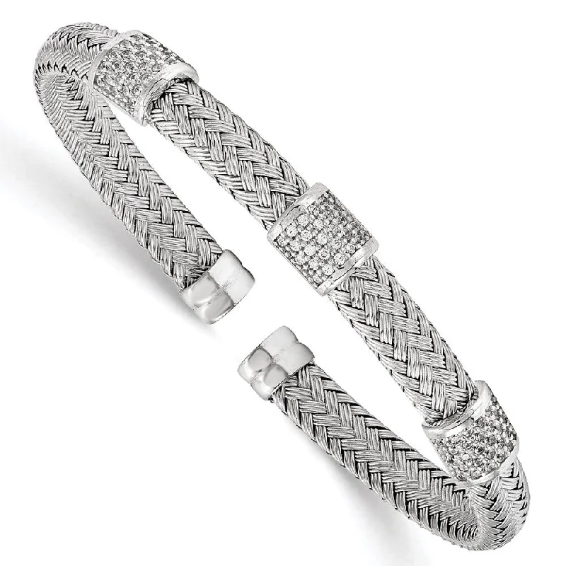 Women’s wrap bracelets-925 Sterling Silver Rhodium-plated Cubic Zirconia Woven Flexible Cuff Bracelet