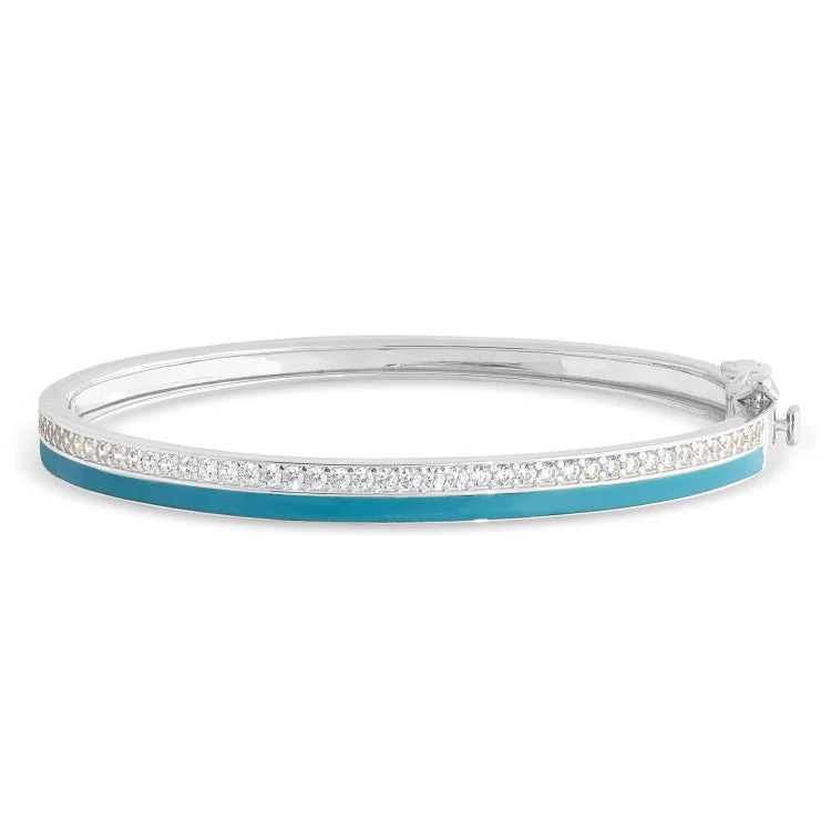 Women’s eternity bracelets-Platinum Finish Sterling Silver Micropave Hinged Bangle Bracelet with Turquoise Enamel and Simulated Diamonds