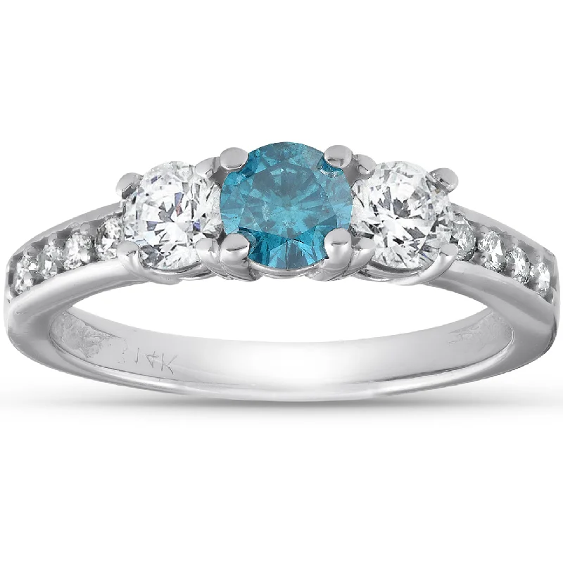 Women’s engagement rings with aquamarine-1 Carat Three Stone Blue & White Diamond Ring 14K White Gold